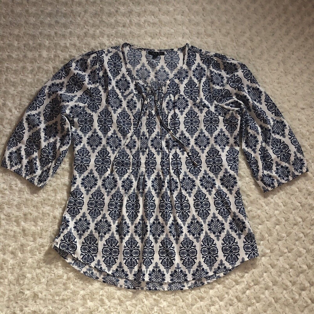 Antilia Femme Womens Medium Top Blue White Blouse Career Work Pleated Shirt